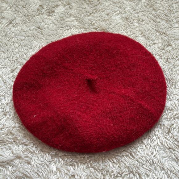 Cute Red Wool Beret with Cherry Rhinestone Pin Chic Fall Winter - Picture 4 of 7